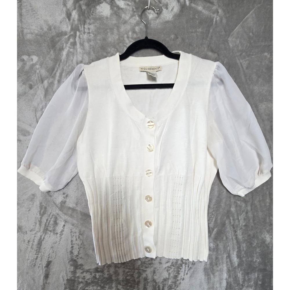 Requirements Women White Ribbed Cardigan Sheer Puff Sleeve Button Front L